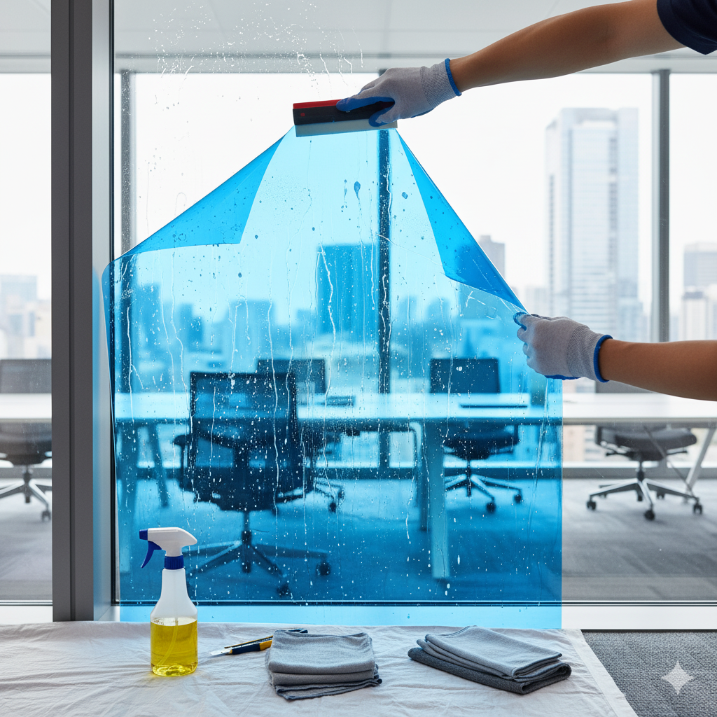 "Using a heat gun to soften window film for easy removal."